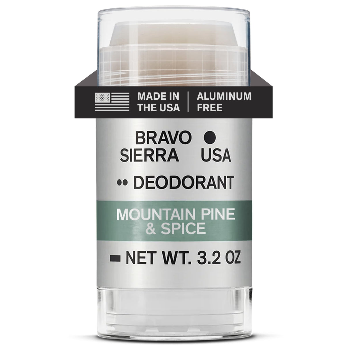 Bravo Sierra Mountain Pine and Spice deodorant bottle shows a clear finish for all-day freshness.