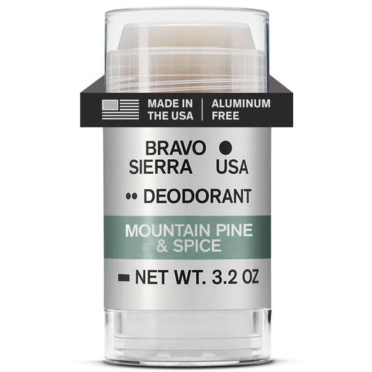 Bravo Sierra Mountain Pine and Spice deodorant bottle shows a clear finish for all-day freshness.