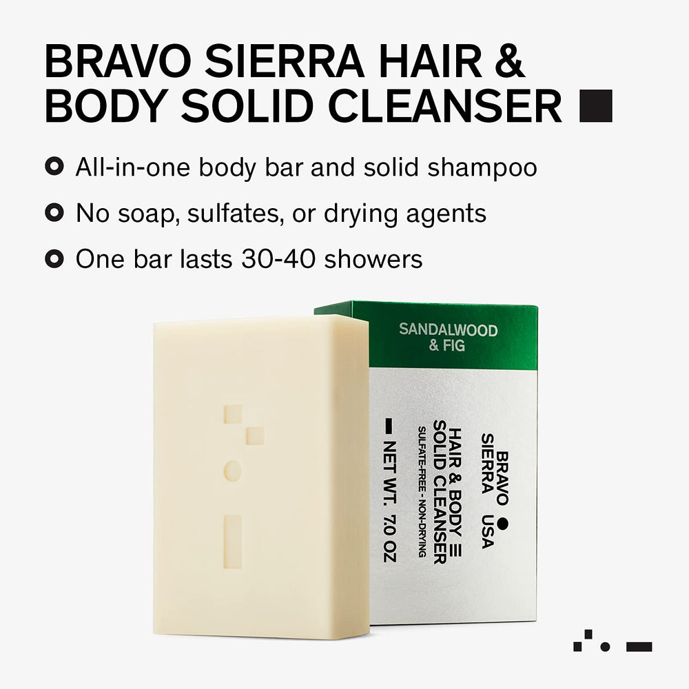 Bravo Sierra solid-bar texture close-up, coconut-shea-oat formula for soft skin