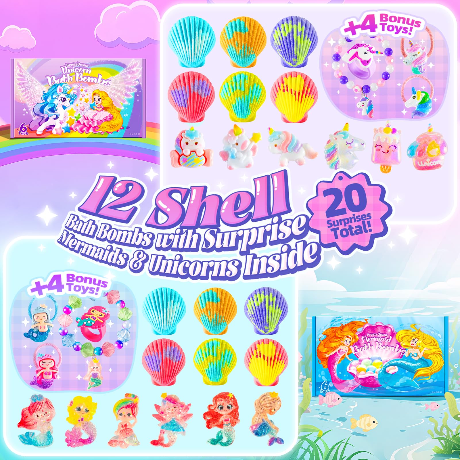 BreezeDream Unicorn box front with shell bath bombs inspires joyful bath-time adventures.