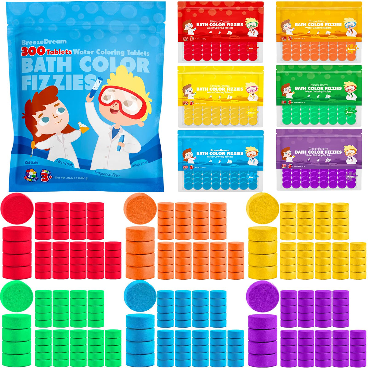 BreezeDream Bath Color Tablets packaging showing neatly sealed color bags for mess-free storage