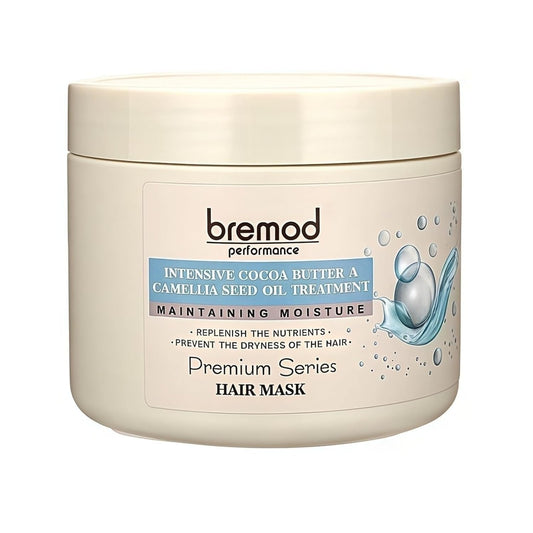 Bremod Performance Cocoa Butter & Camellia Seed Oil Hair Mask bottle promotes deep hydration.