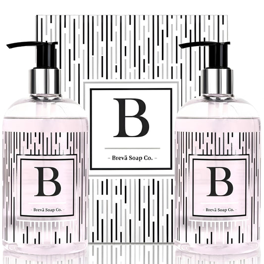 Brevä Soap Co. monogrammed bottle front view for chic bathroom decor.