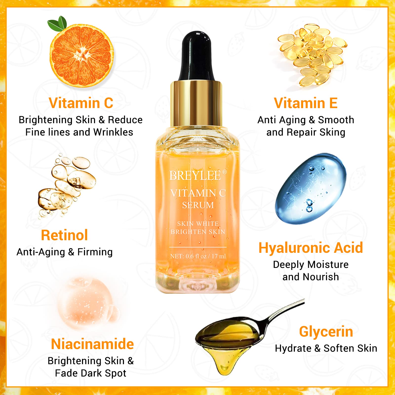 BREYLEE Vitamin C Serum texture closeup reveals smooth, hydrated skin
