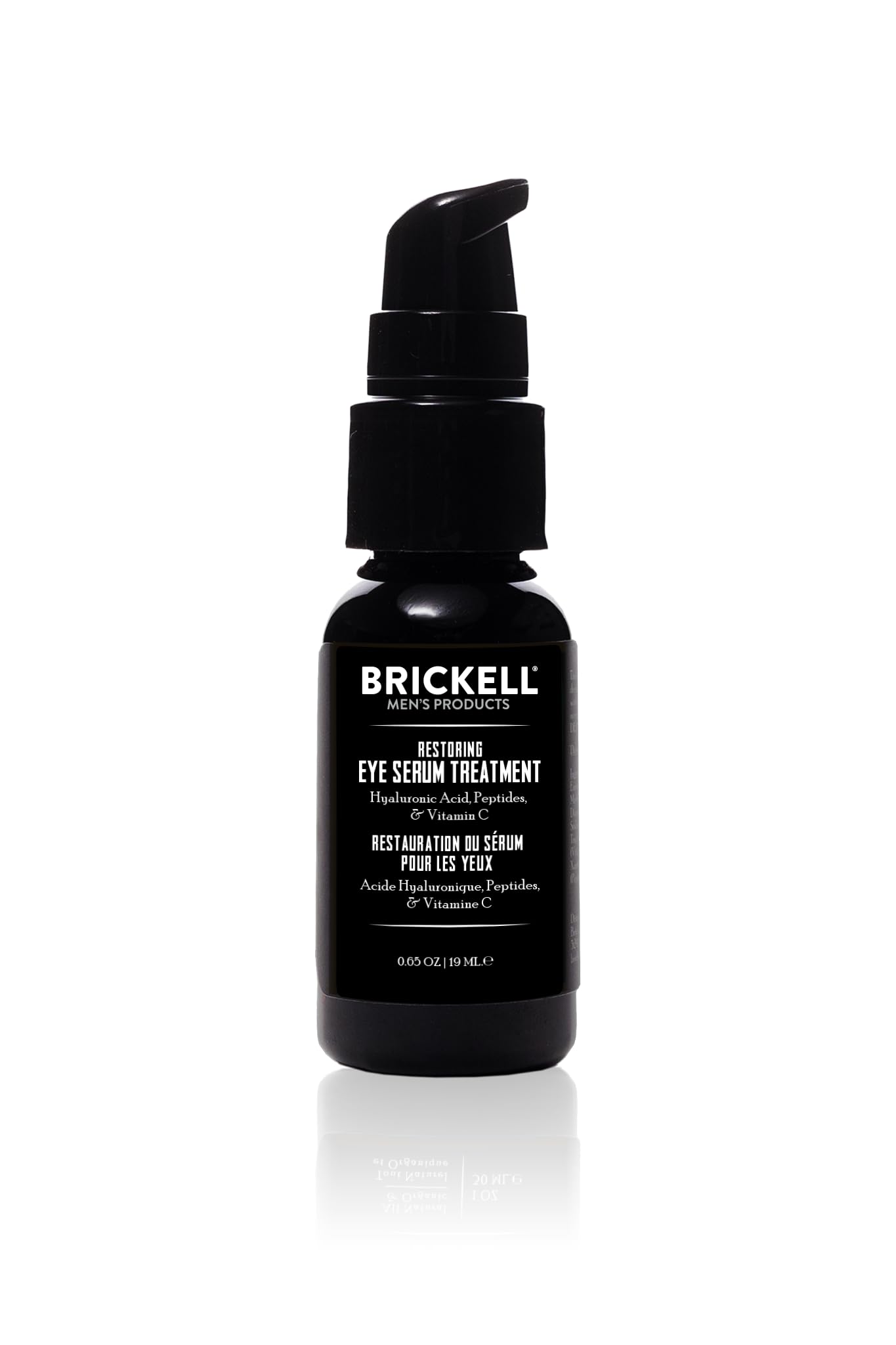 Brickell Men's Dark Circle Serum bottle closeup; unscented formula for refreshed under-eye appearance.