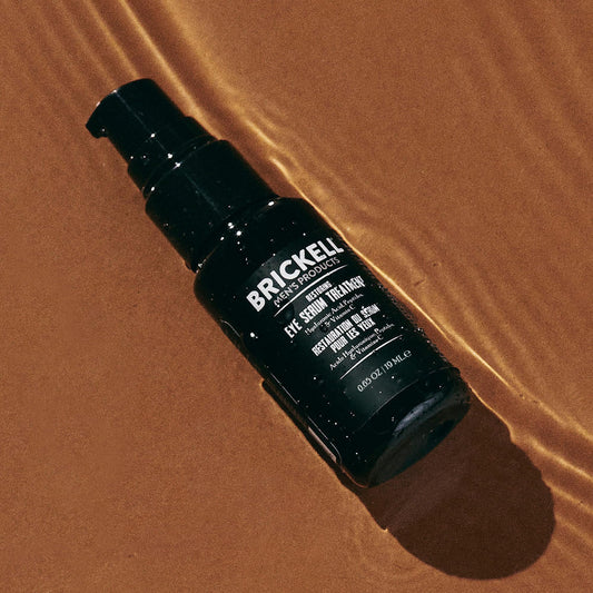 Brickell Men's Dark Circle Serum under-eye application scene, easy daily refresh.