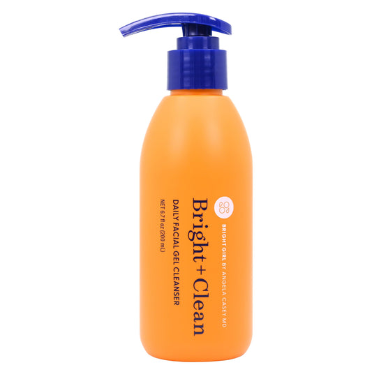 Bright Girl Gentle Bright+Clean Gel Cleanser bottle pouring for gentle cleansing.
