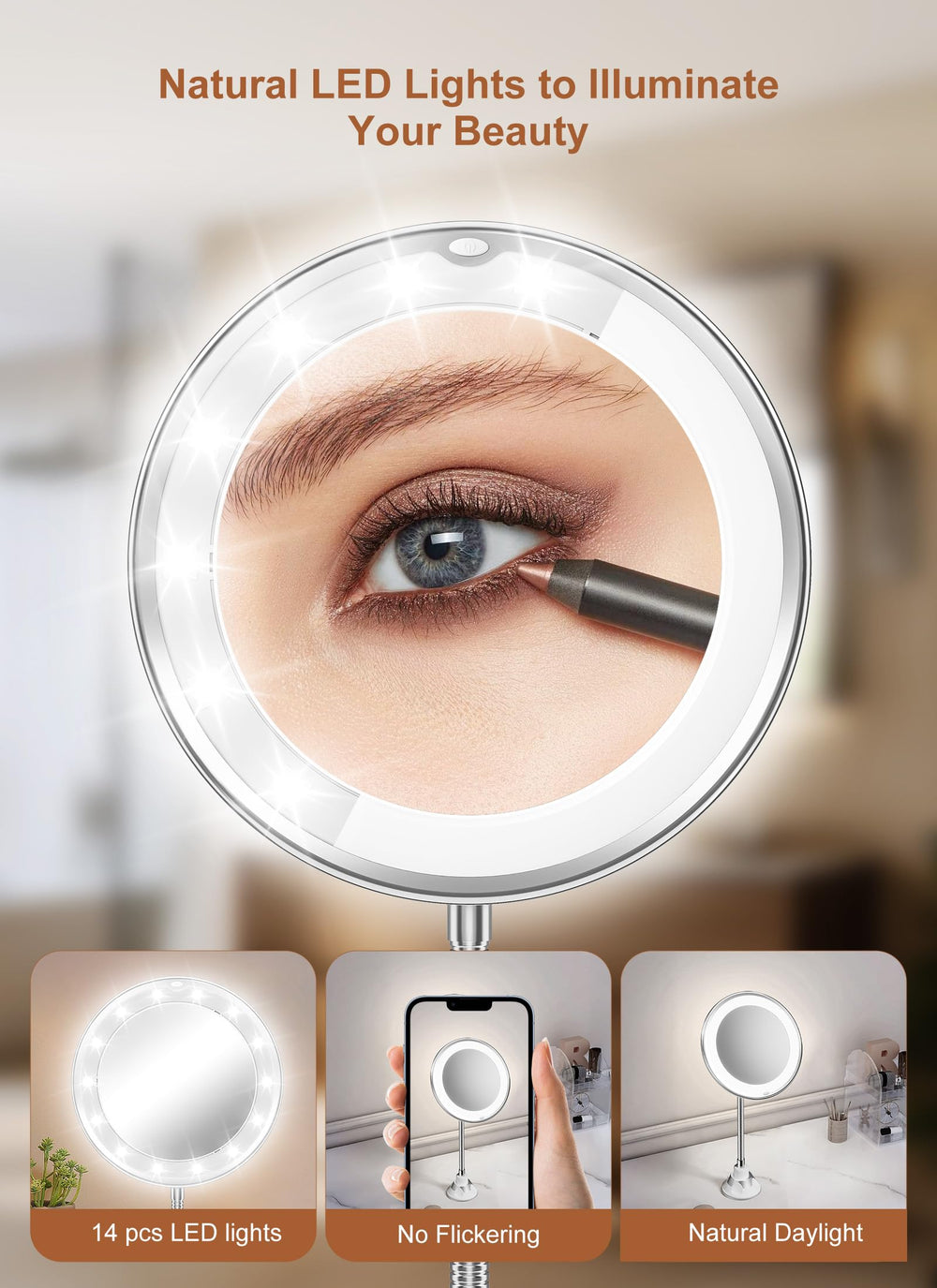 Brightown 10x magnifying mirror with light, suction cup on glass for stable mounting