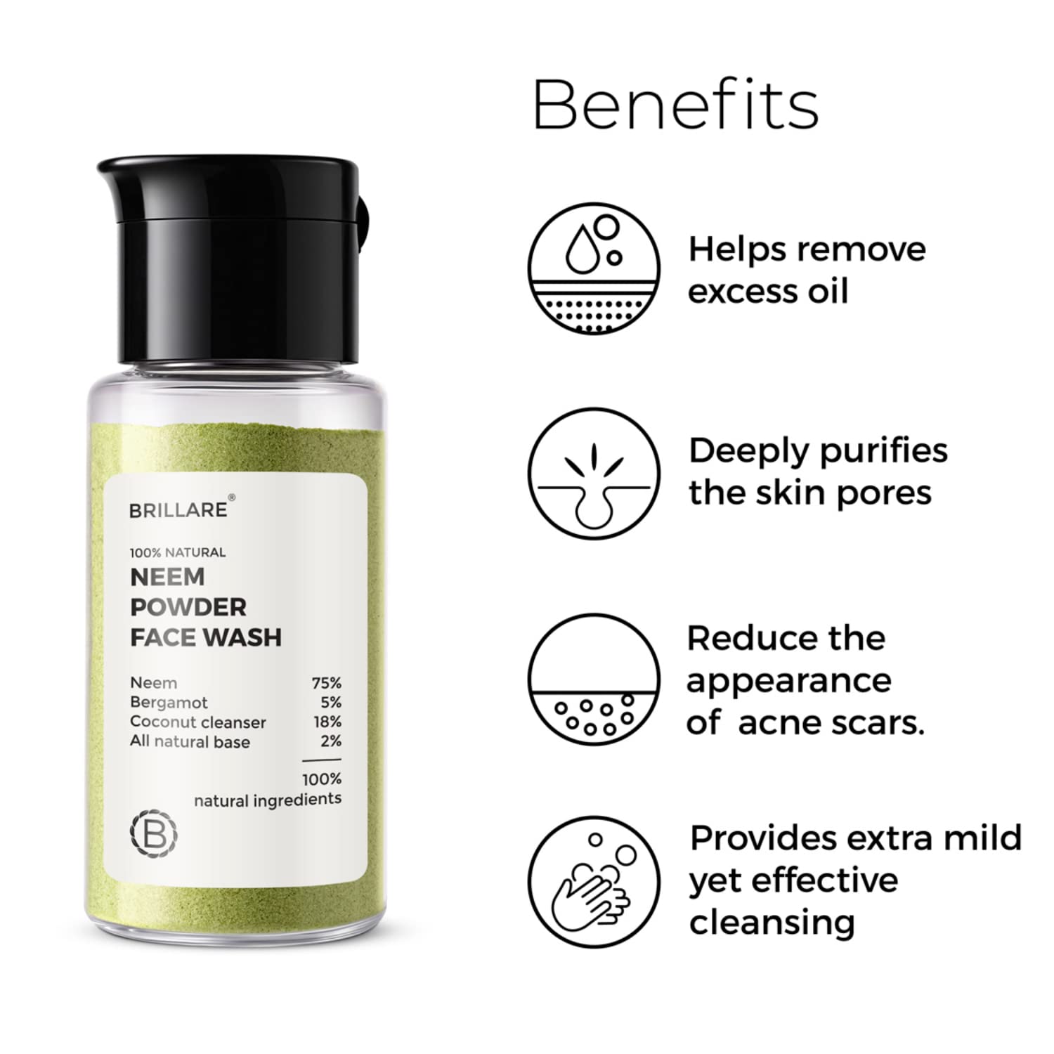 BRILLARE Real Neem Powder Facial Cleanser 15g tub emphasizes travel-friendly packaging