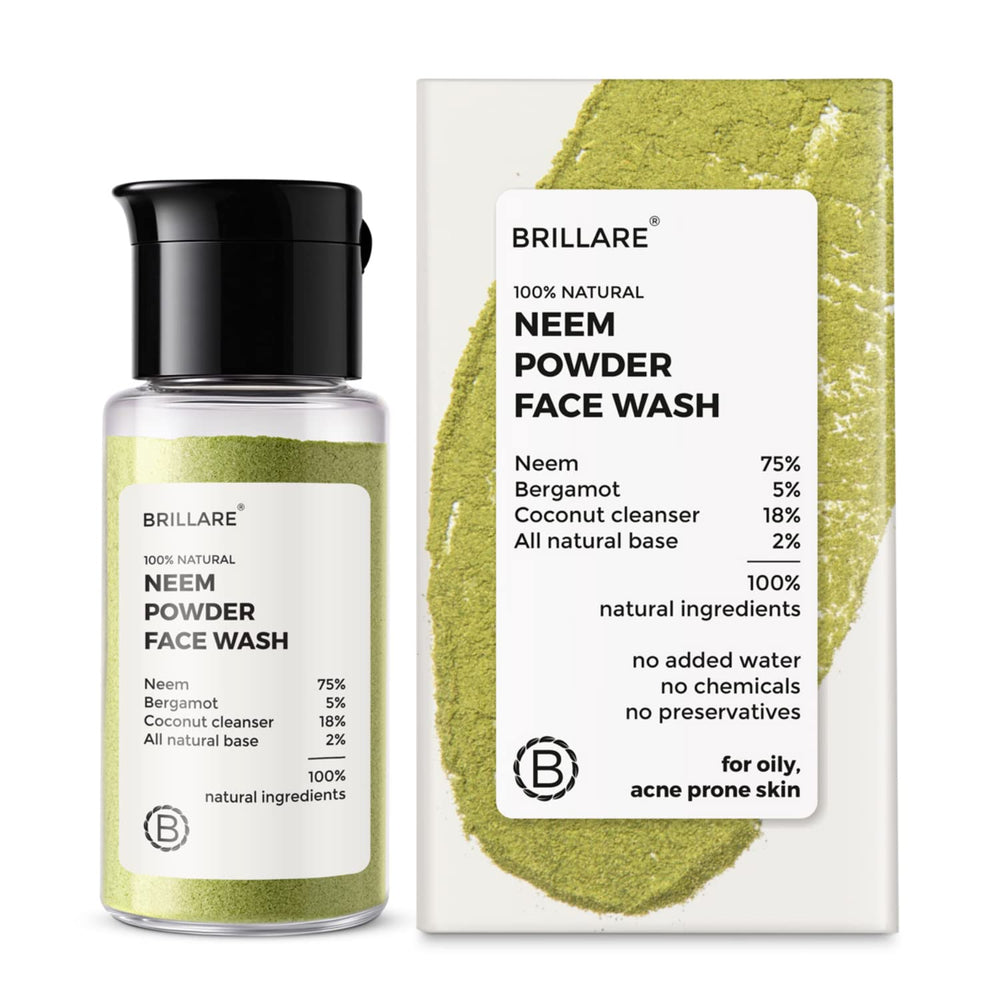 BRILLARE Real Neem Powder Facial Cleanser packaging highlighting vegan sulfate free formula for daily use