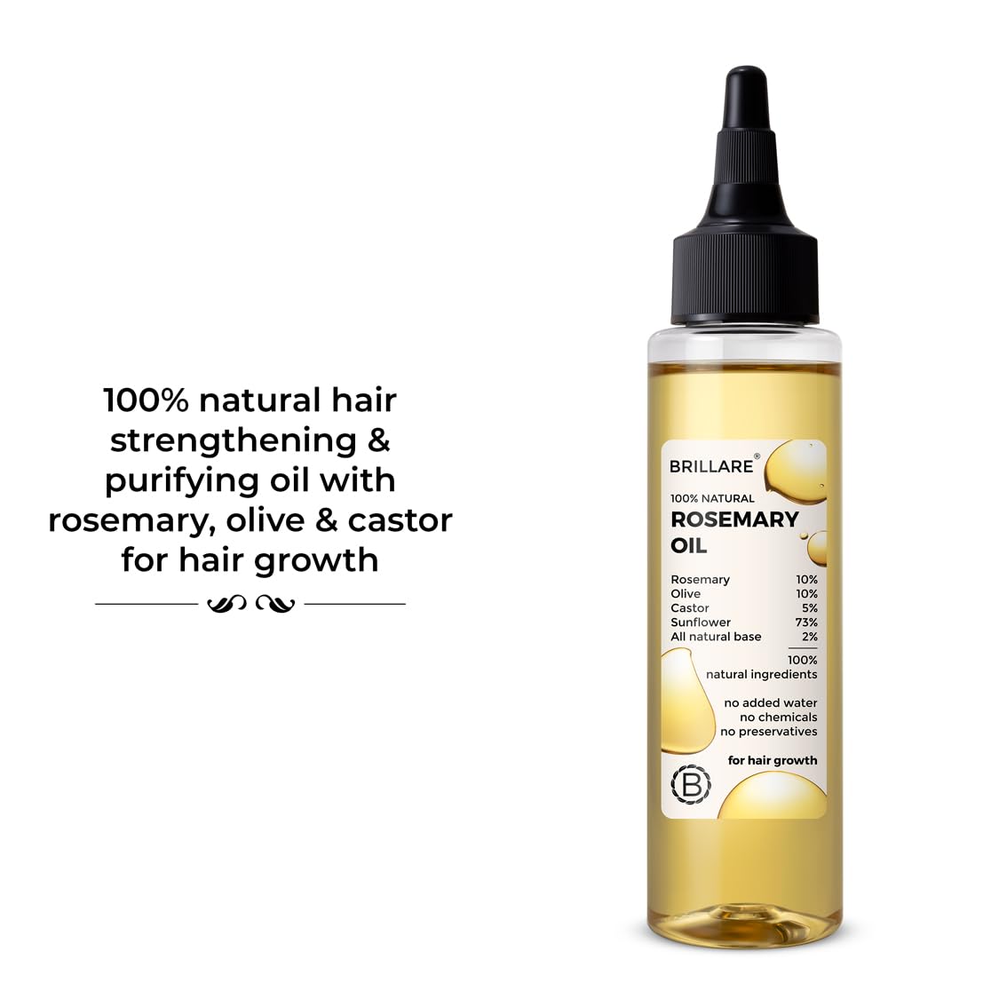BRILLARE rosemary oil dropper dispenses soothing formula for scalp comfort.