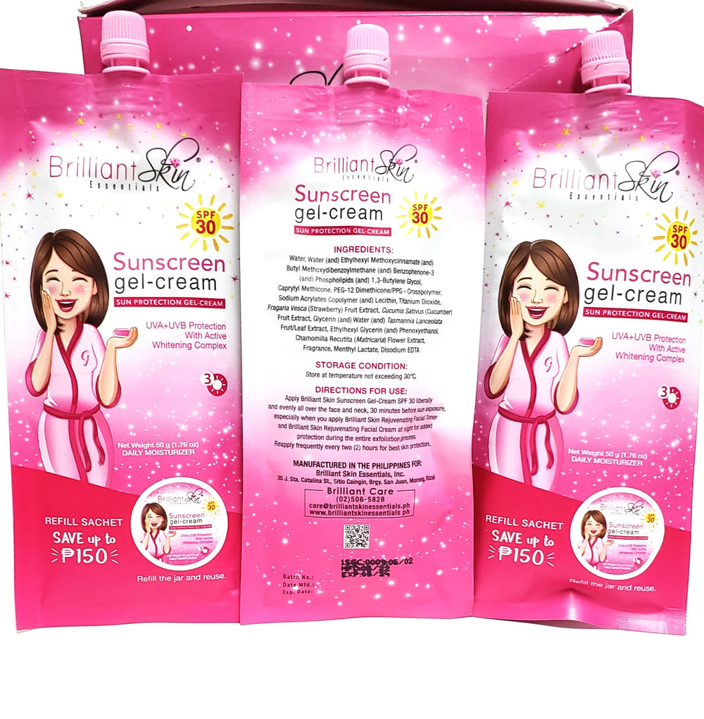 Brilliant Skin Essentials sunscreen gel-cream texture close-up shows lightweight absorption.