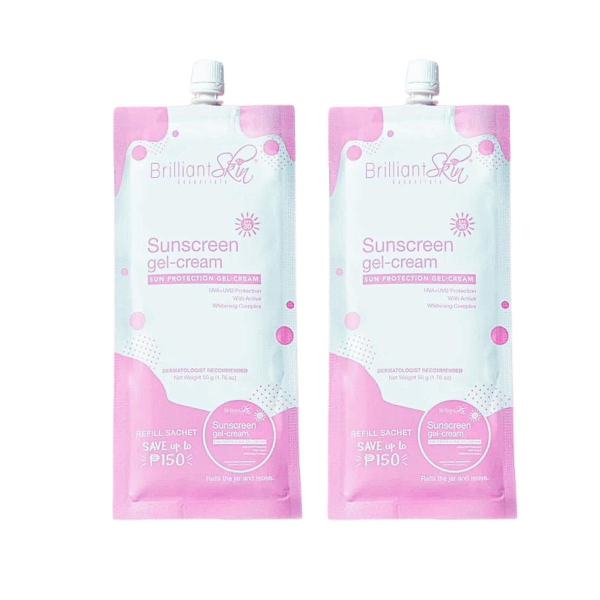 Brilliant Skin Sunscreen Gel-Cream refill sachets offer convenient, waste-reducing sun protection.