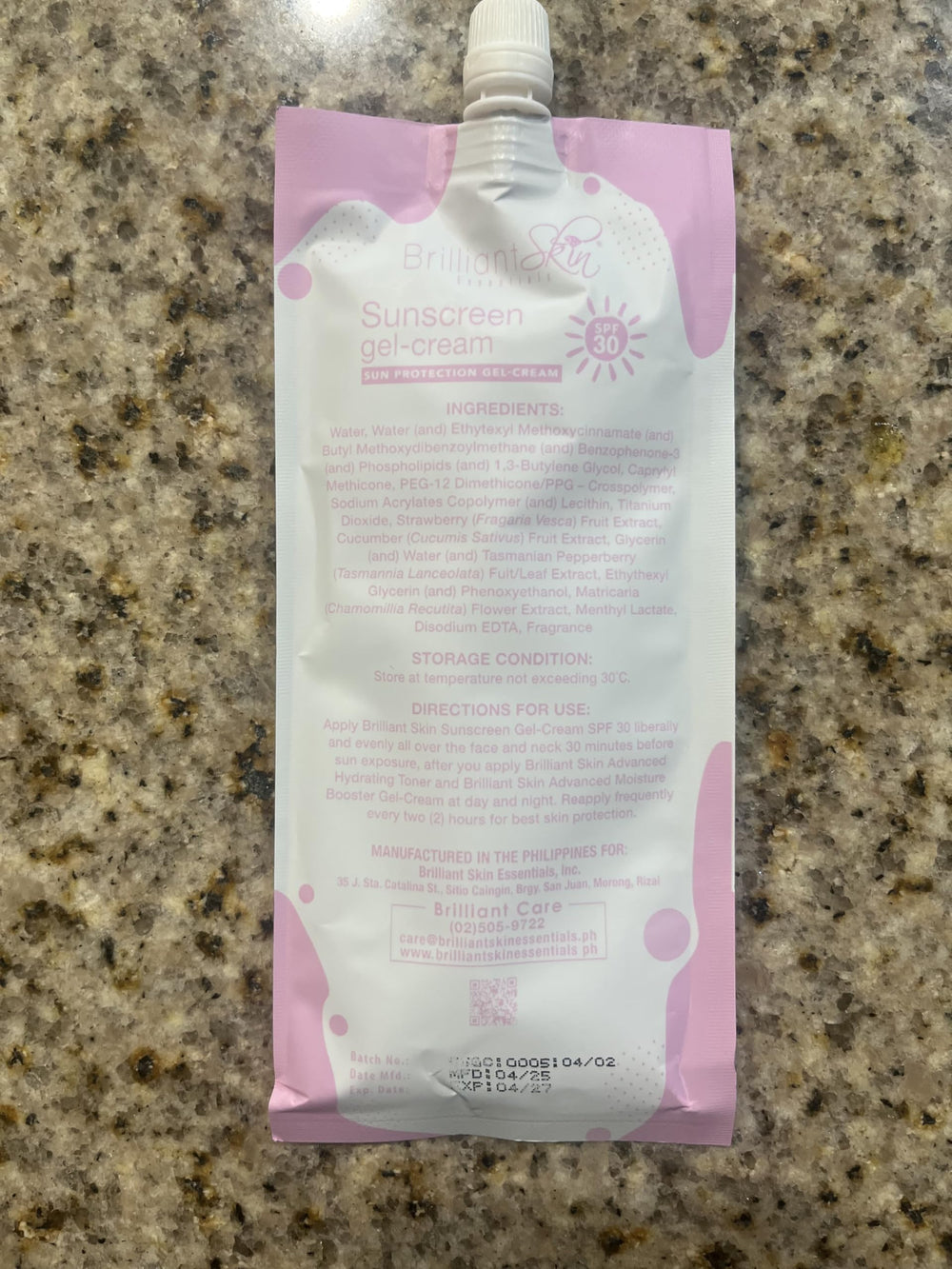 Brilliant Skin sachet pack demonstrates eco-conscious sun care routine.