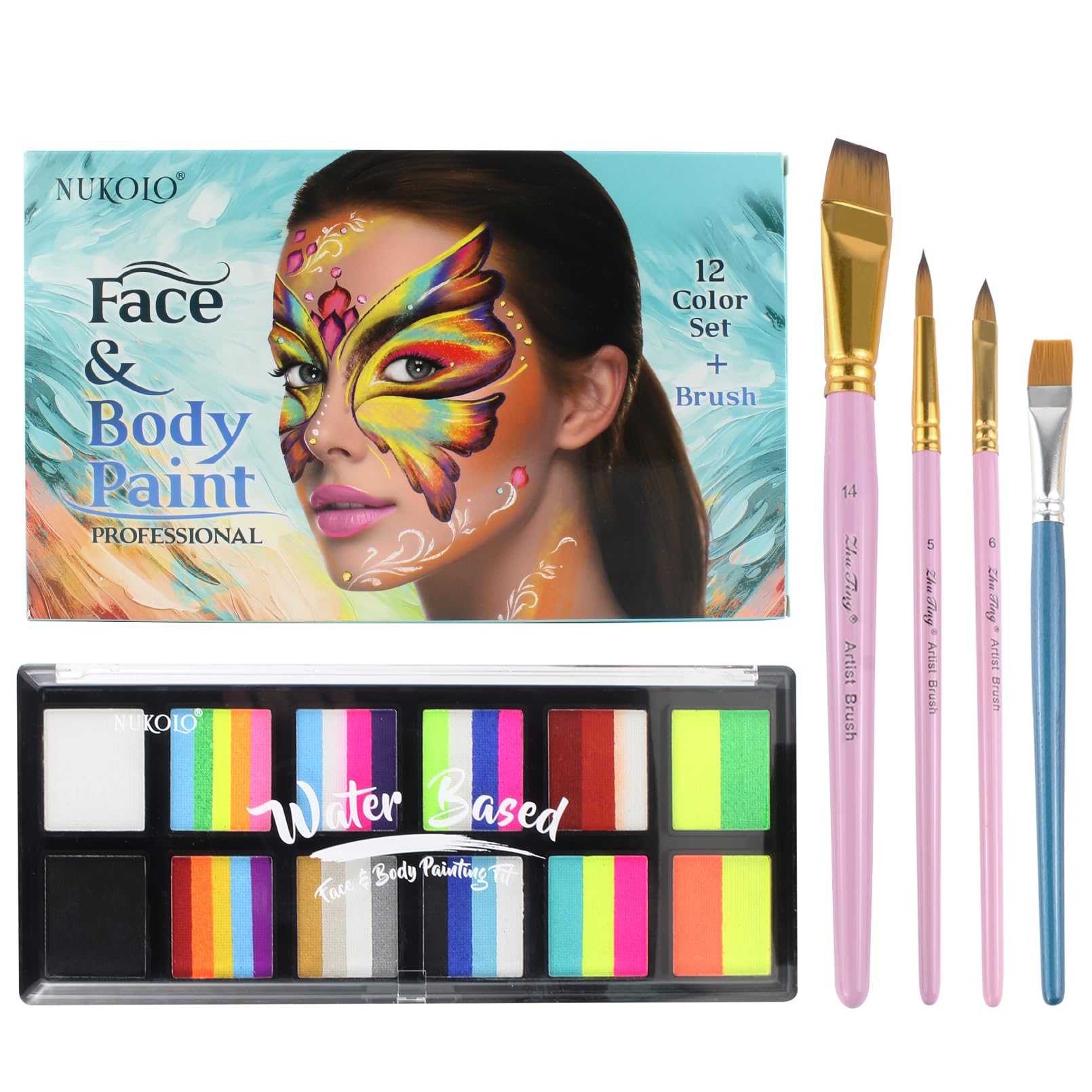 BRIMFULITE water-activated face paint kit with split cake and four brushes for creative looks