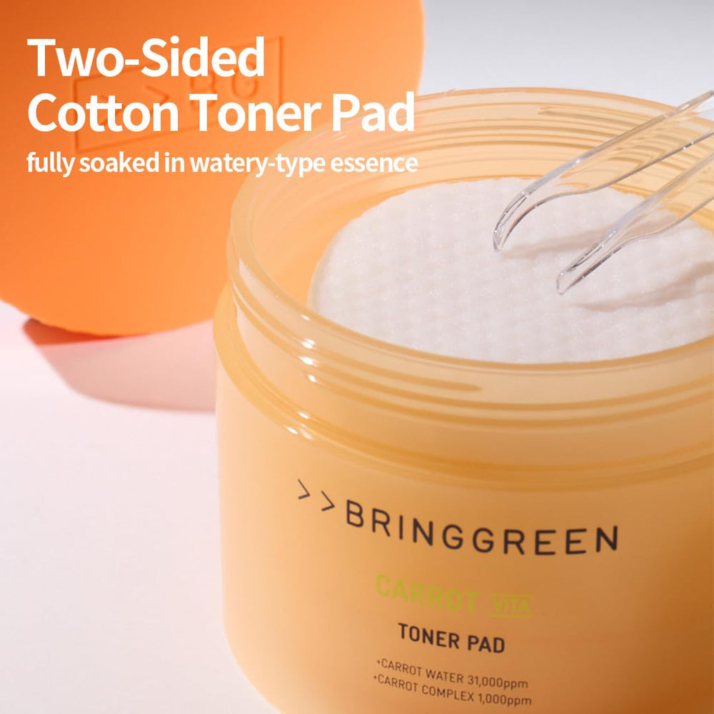 BRING GREEN Carrot Toner Pad being applied to skin to prep for even-toned results.