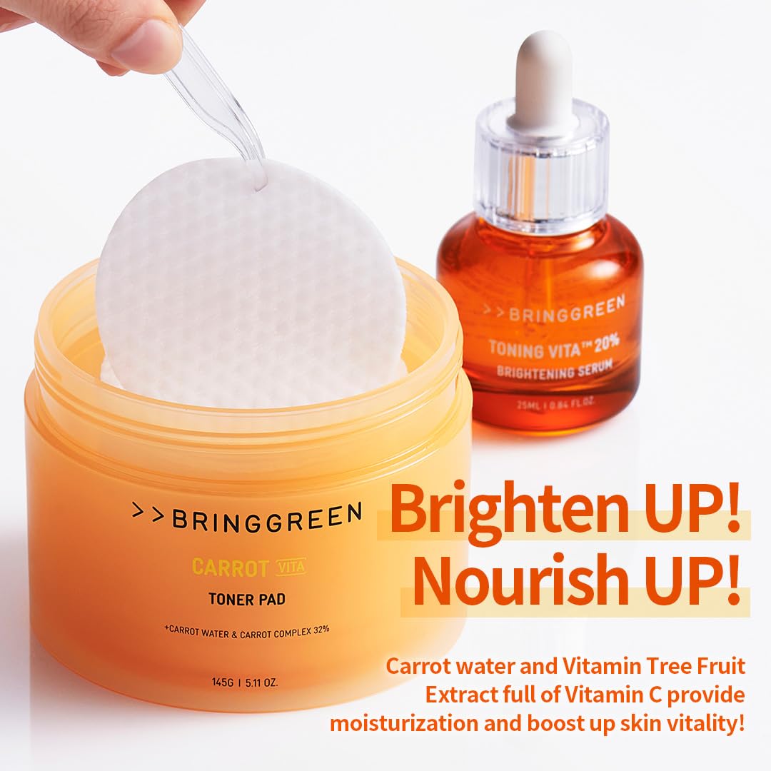 BRING GREEN Carrot Toner Pad close-up reveals watery essence texture for gentle exfoliation.