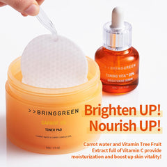 BRING GREEN Carrot Toner Pad close-up reveals watery essence texture for gentle exfoliation.