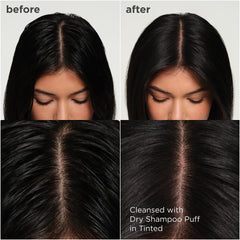 Briogeo Style & Treat Dry Shampoo Puff for dark hair with brown tint blending invisibly.
