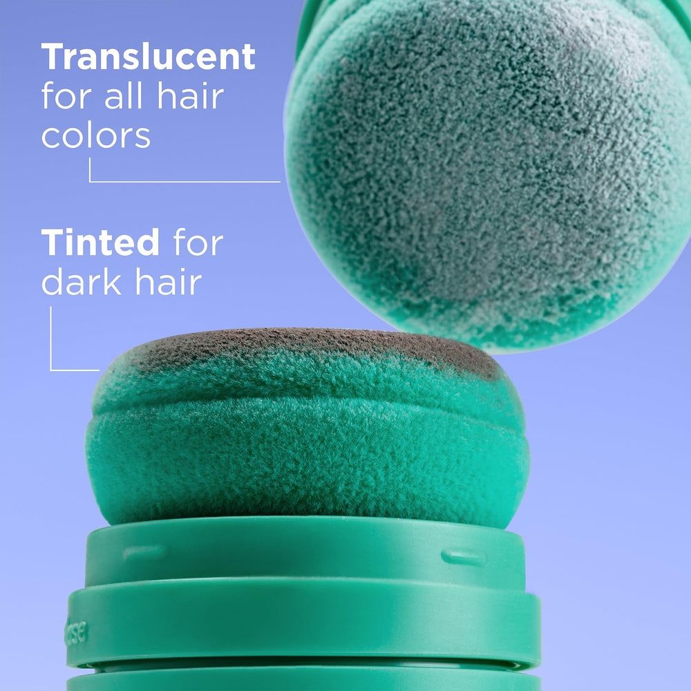 Briogeo Style & Treat Dry Shampoo Puff blurs grays on dark hair.