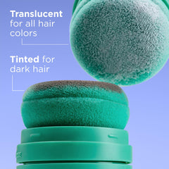Briogeo Style & Treat Dry Shampoo Puff blurs grays on dark hair.