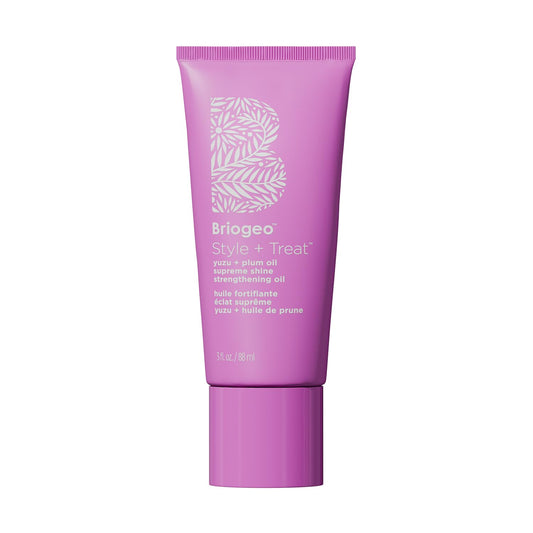 Briogeo Style + Treat Yuzu + Plum Supreme Shine oil bottle shows silicone-free shine for curly hair