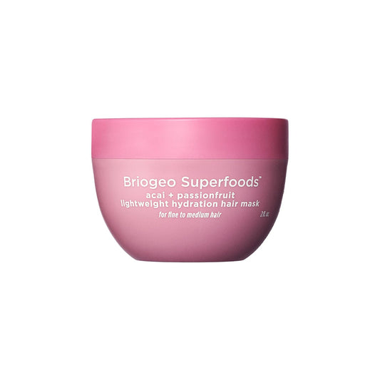 Briogeo Superfoods Acai and Passionfruit mask jar front for lightweight hydration on fine hair