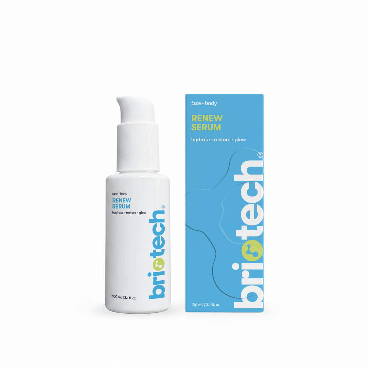 BRIOTECH Renew Serum bottle front showing mineral gel texture for fresh skin prep.