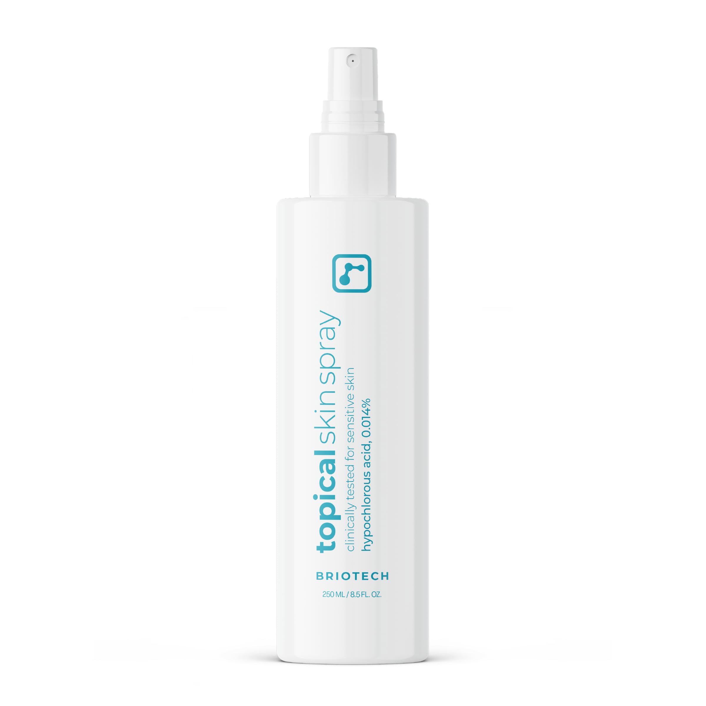 BRIOTECH Topical Skin Spray shown for full-face and body use, potential soothing effect on skin