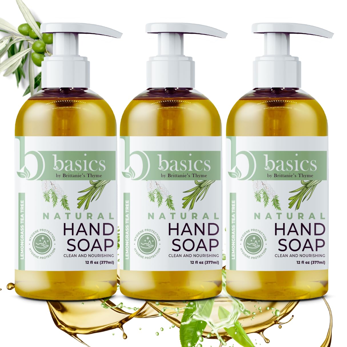 Brittanie's Thyme Basics hand soap bottle shows lemongrass tea tree for gentle cleansing