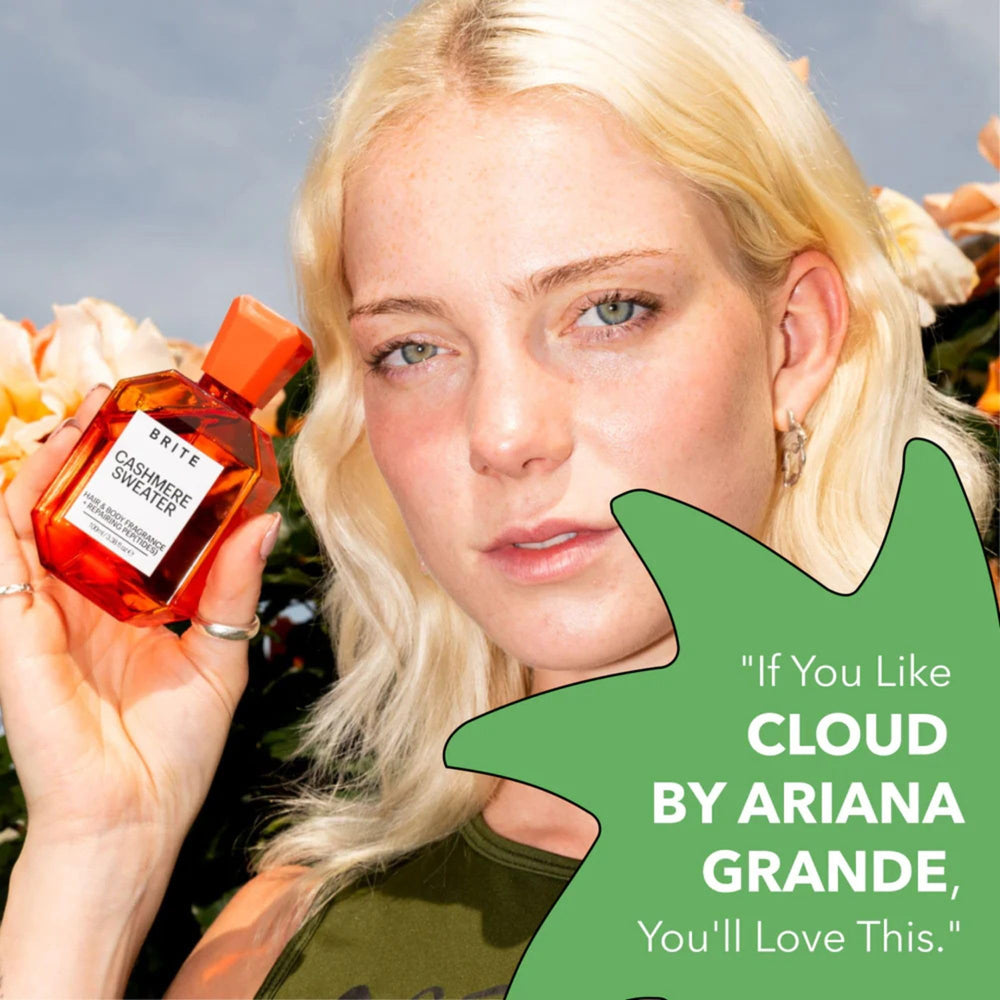 Brite fragrance spray in hand highlights dual action for hair and body.