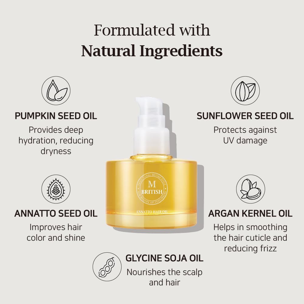 British M Annatto Hair Oil dropper releasing precise drops for frizz control.