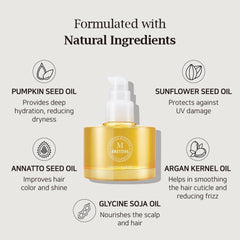 British M Annatto Hair Oil dropper releasing precise drops for frizz control.