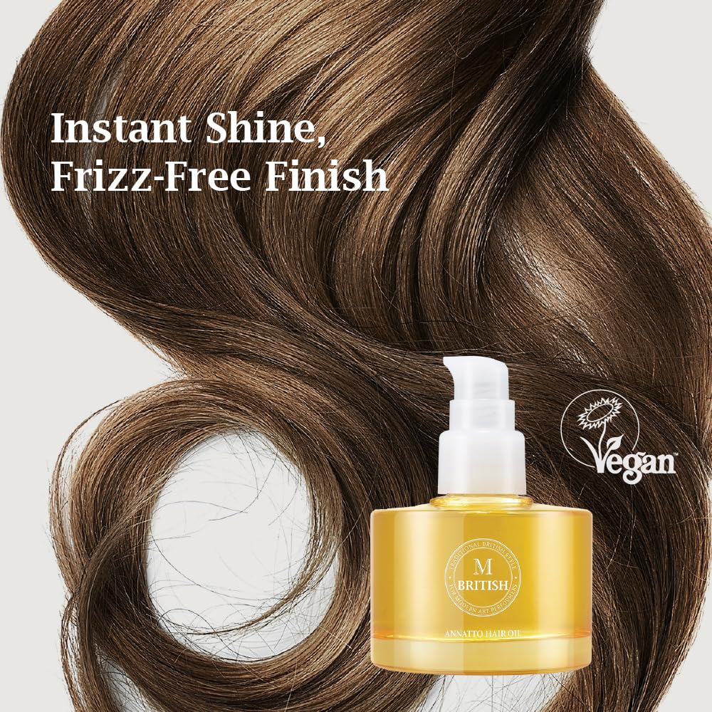 British M Annatto Hair Oil applied to hair for a glossy, frizz-free look.