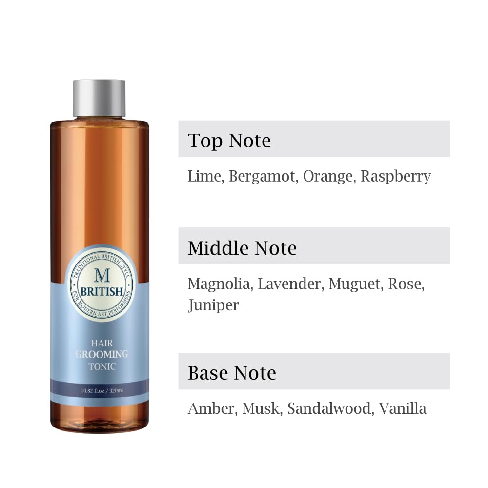 Bottle demonstrates low-shine finish with BRITISH M Hair Grooming Tonic.