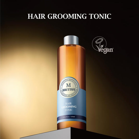 Close-up of BRITISH M Hair Grooming Tonic applying texture and volume.