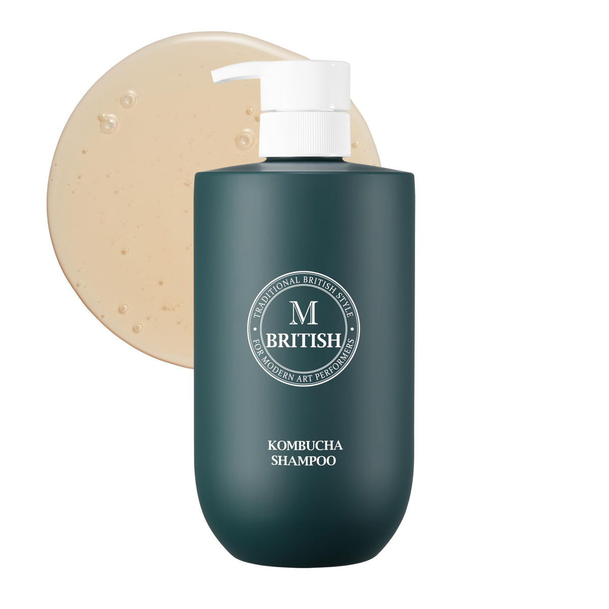 BRITISH M Kombucha Shampoo bottle close-up for a healthy scalp detox.
