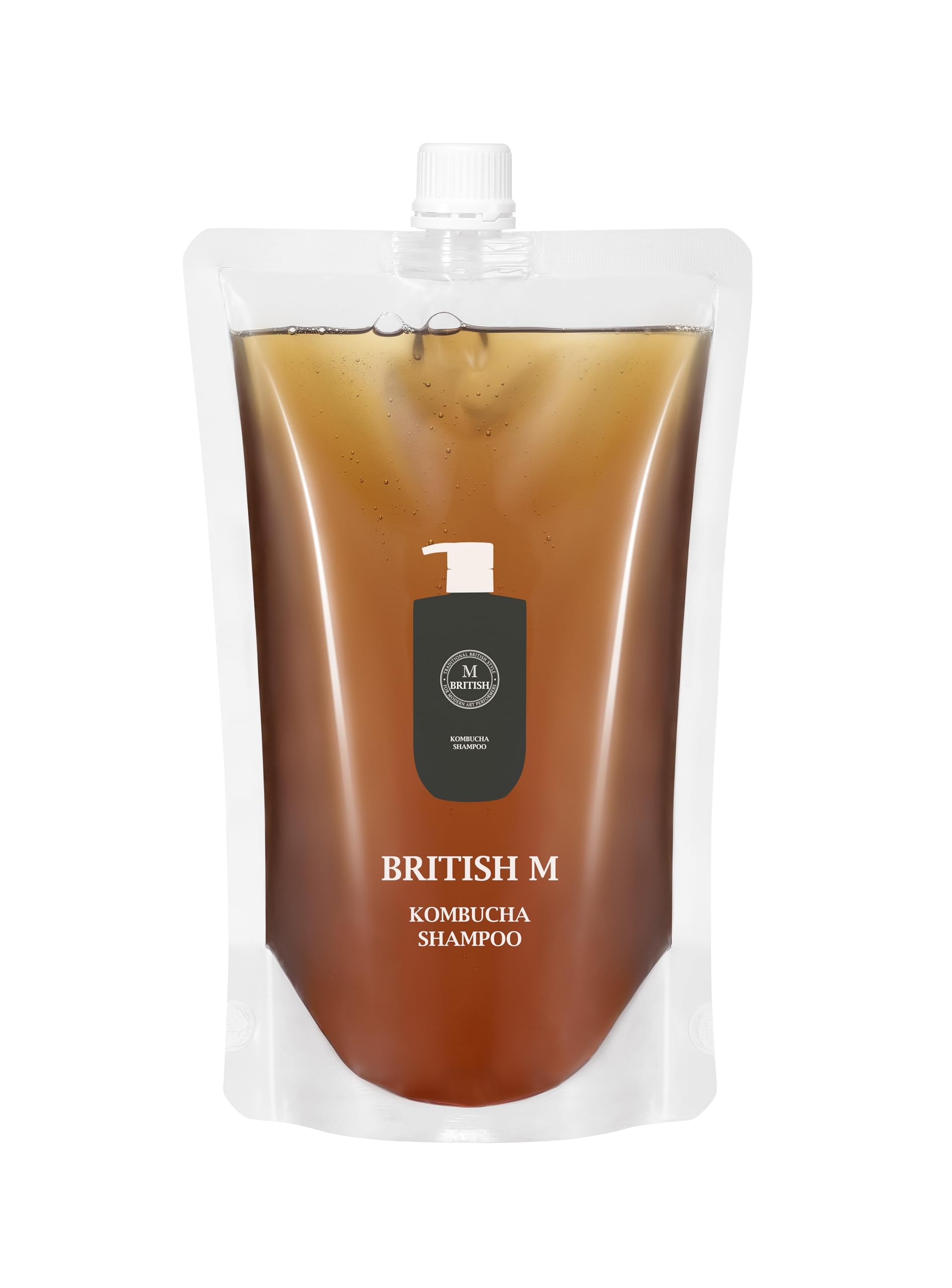British M Kombucha Shampoo bottle, vegan formula for gentle scalp cleansing.