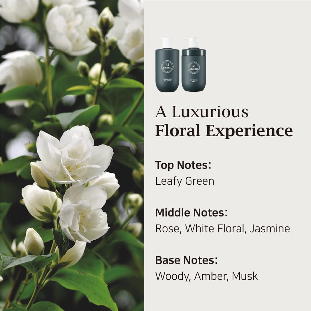 BRITISH M Kombucha Shampoo ingredients label emphasizes vegan, clean formula.