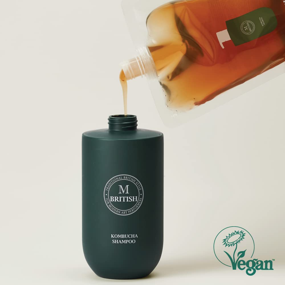British M Kombucha Shampoo pour promotes shine and hydration after use.