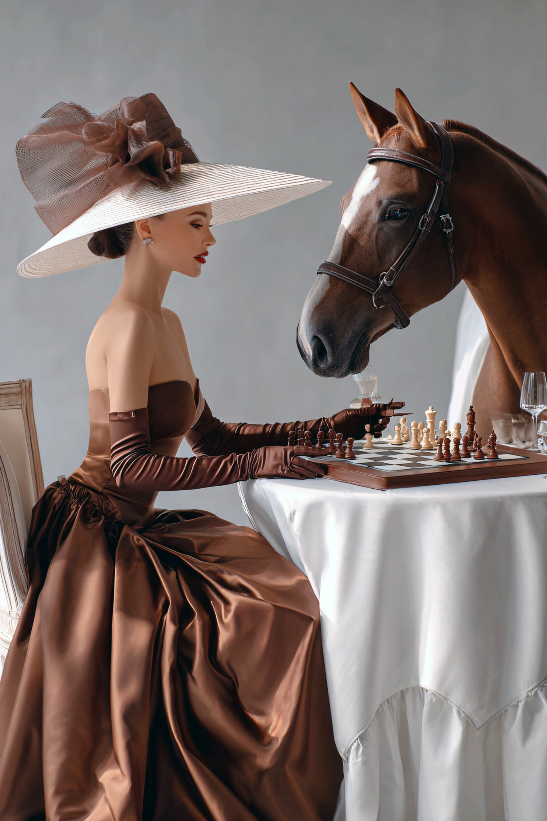 Woman in a brown dress and hat playing chess with a horse at a table.