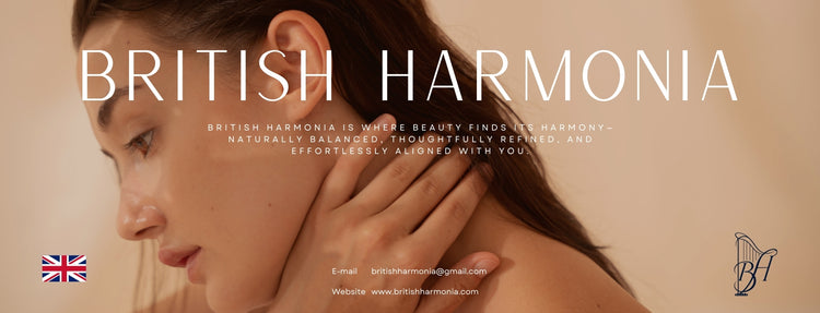 Advertisement for British Harmonia with a woman touching her neck, featuring the brand's logo and text.