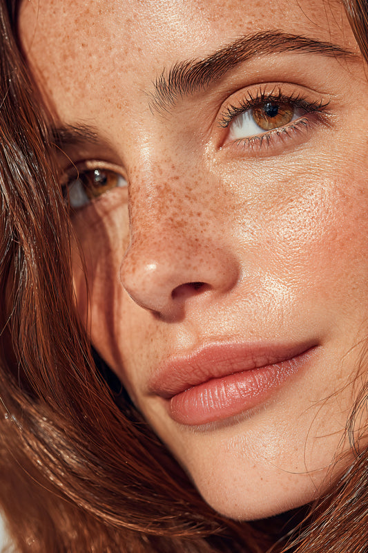 Close-up of a woman's face with freckles and brown eyes.