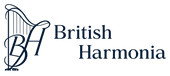 Logo of British Harmonia with a harp design on a white background
