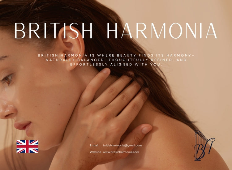 Advertisement for British Harmonia with a woman touching her hair against a beige background.