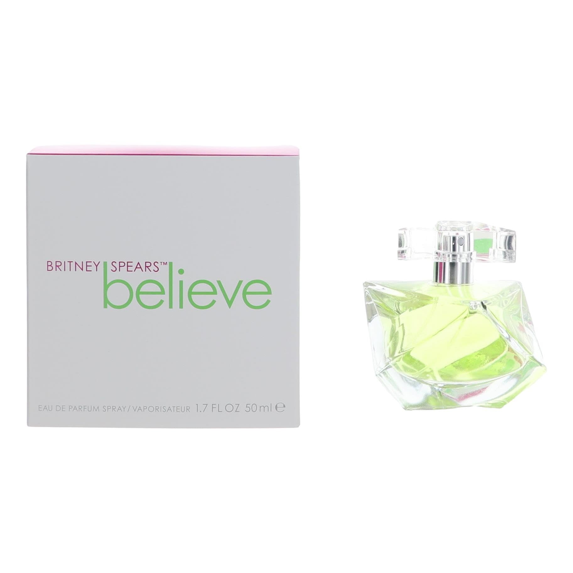 Britney Spears Believe EDP spray bottle on a vanity, ideal for everyday wear and quick fragrance touch-ups.