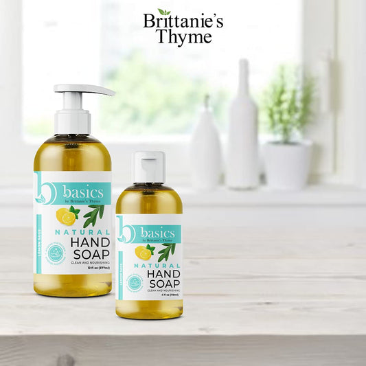 Pouring Brittanie's Thyme Basics hand soap to reveal lemon-sage aroma.