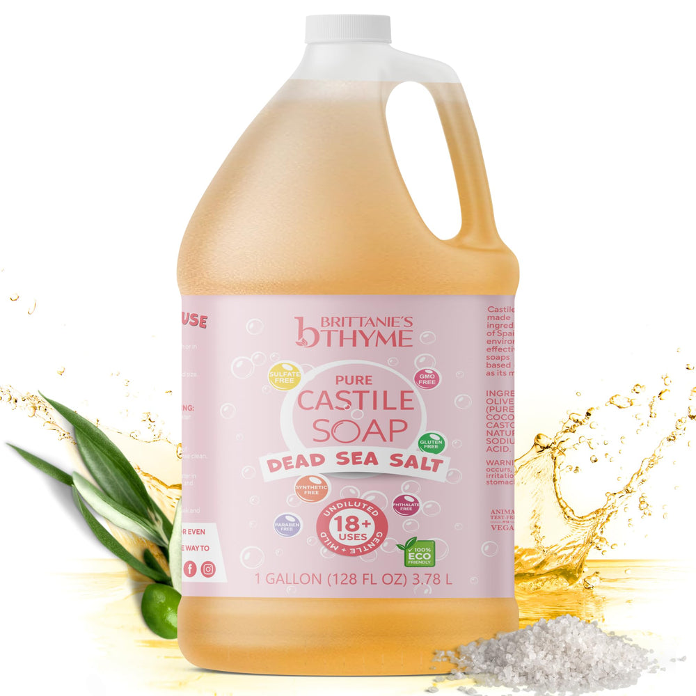 Brittanie's Thyme castile refill bottle with Dead Sea salt for eco cleaning