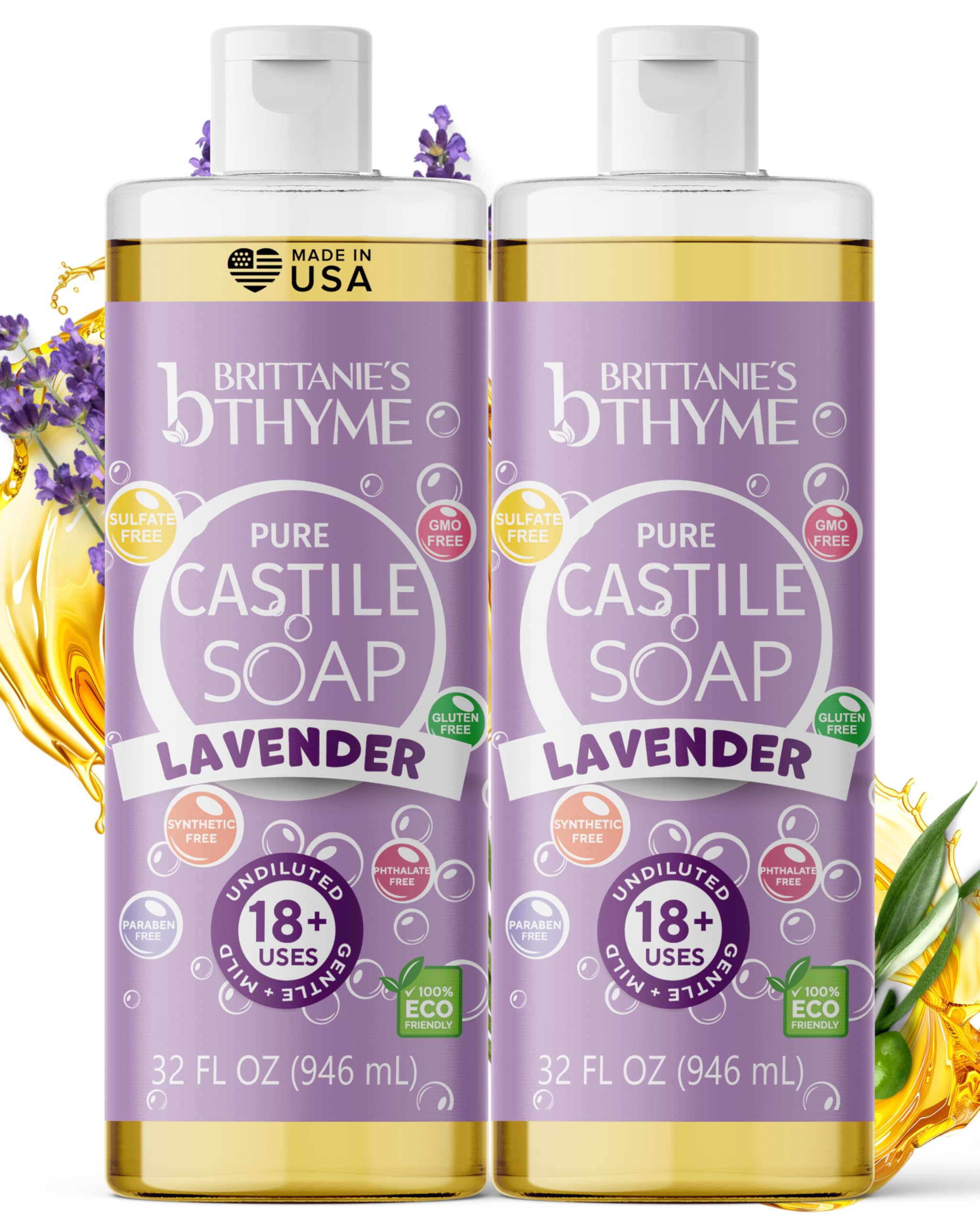 Brittanie's Thyme lavender refill bottle pouring for gentle cleansing.