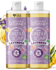 Brittanie's Thyme lavender refill bottle pouring for gentle cleansing.